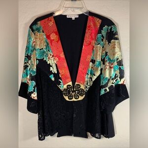 Spencer Alexis Sz Large Black Red Teal Floral Kimono Lace Jacket Top  LN 26”